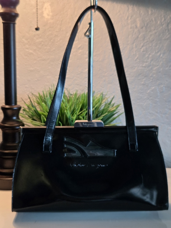 Salvatore Ferragamo Handbags - Vintage Salvatore Ferragamo Black Patent Leather Frame Bag Shoe Logo BV-216760